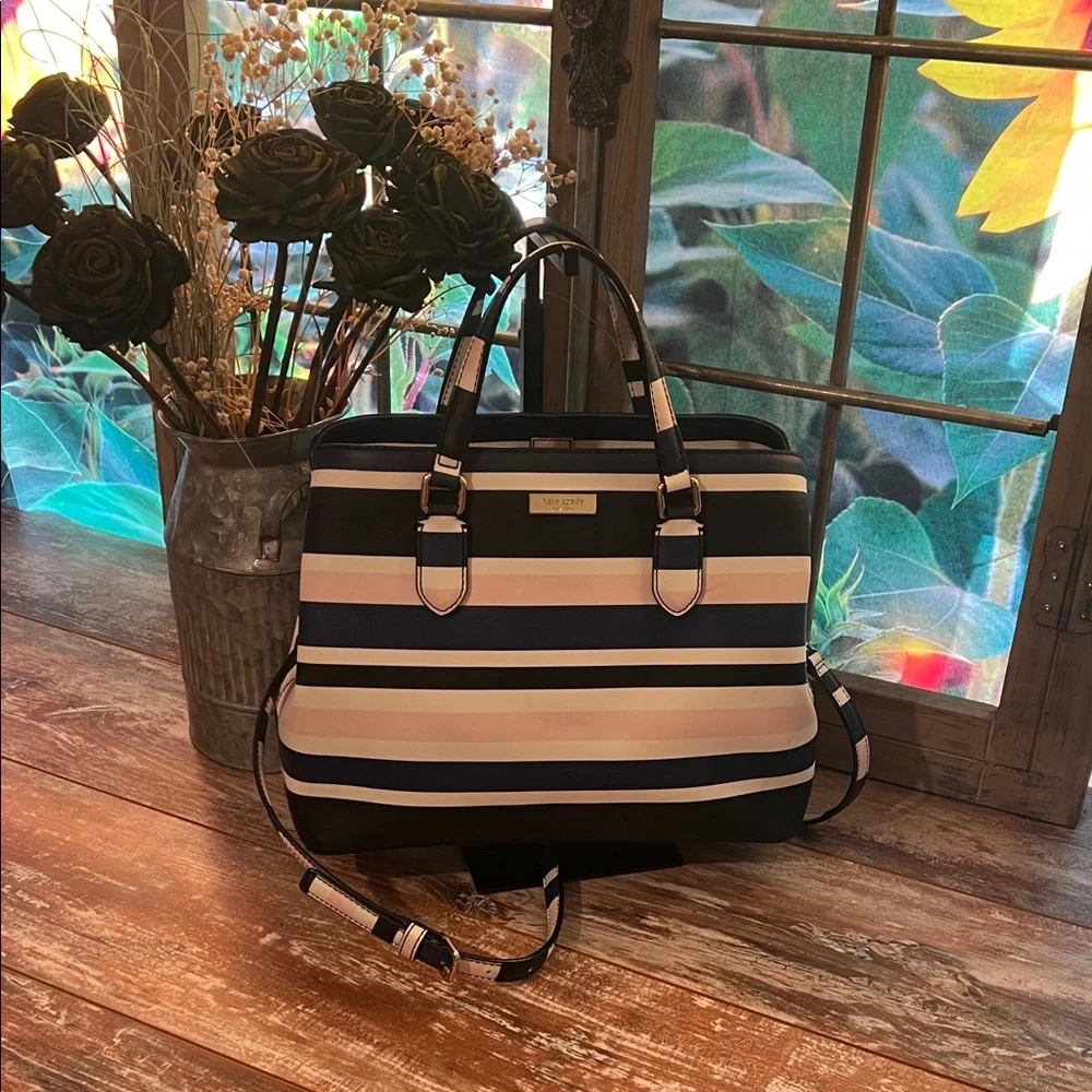 kate spade Navy, Black, White & Light Pink Striped Satchel - Picture 2 of 11